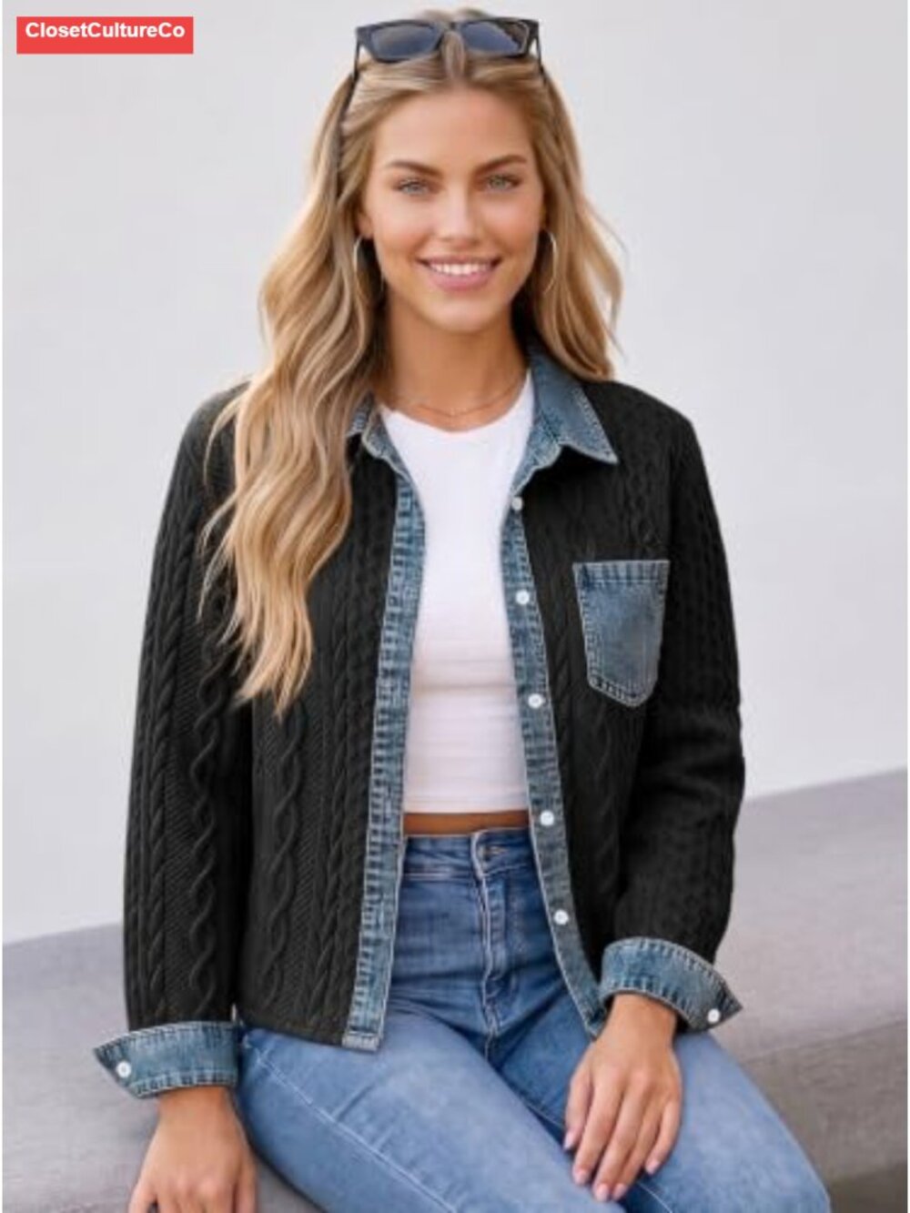 Cropped Collared Bomber Jacket Cable Knit Shacket Button - Picture 4 of 6
